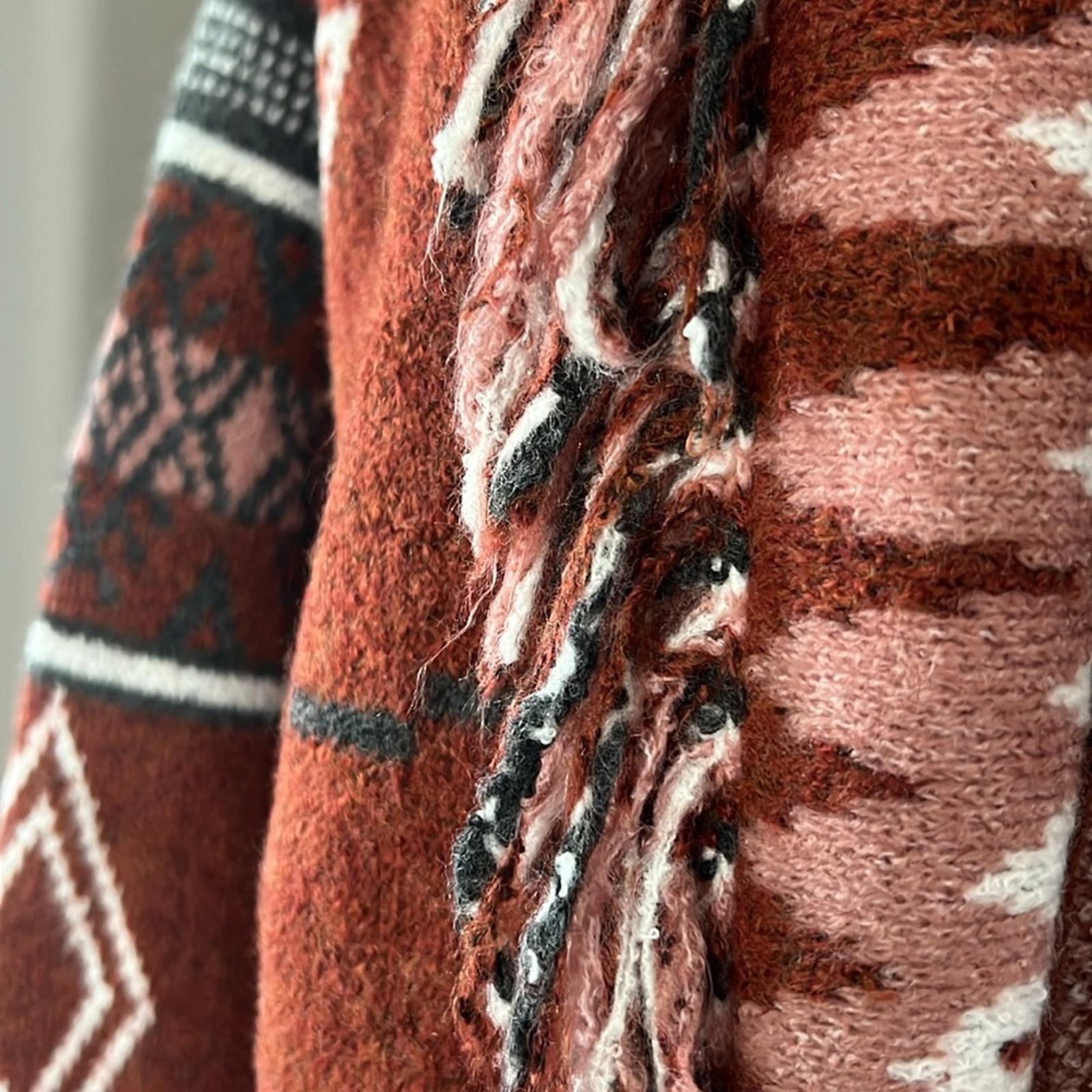Doe & Rae Aztec Open Front Fringe Cardigan Sweater Brown Multi Size L EXCELLENT!