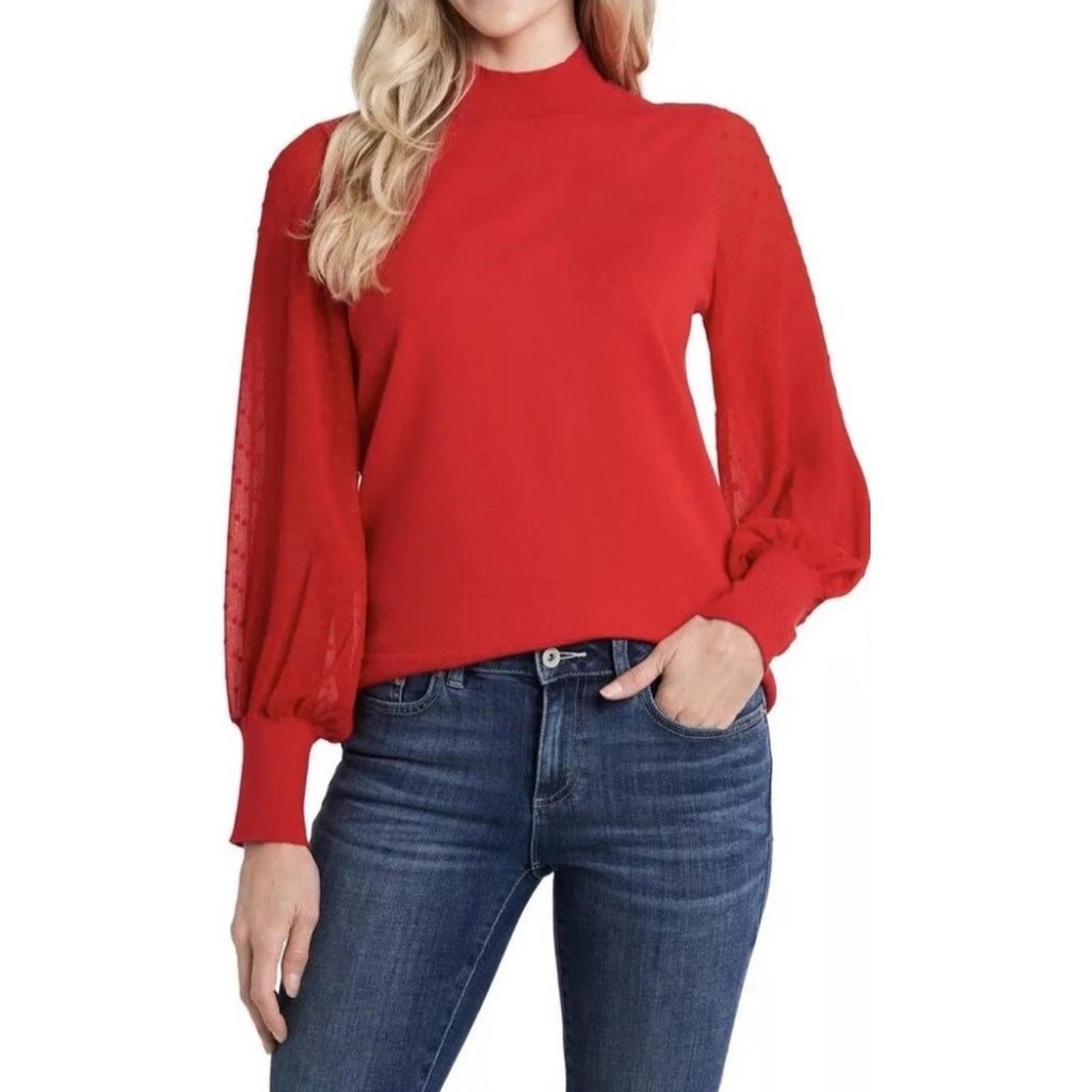 CeCe Clip Dot Sleeve Crewneck Sweater in Red, New w/Tag