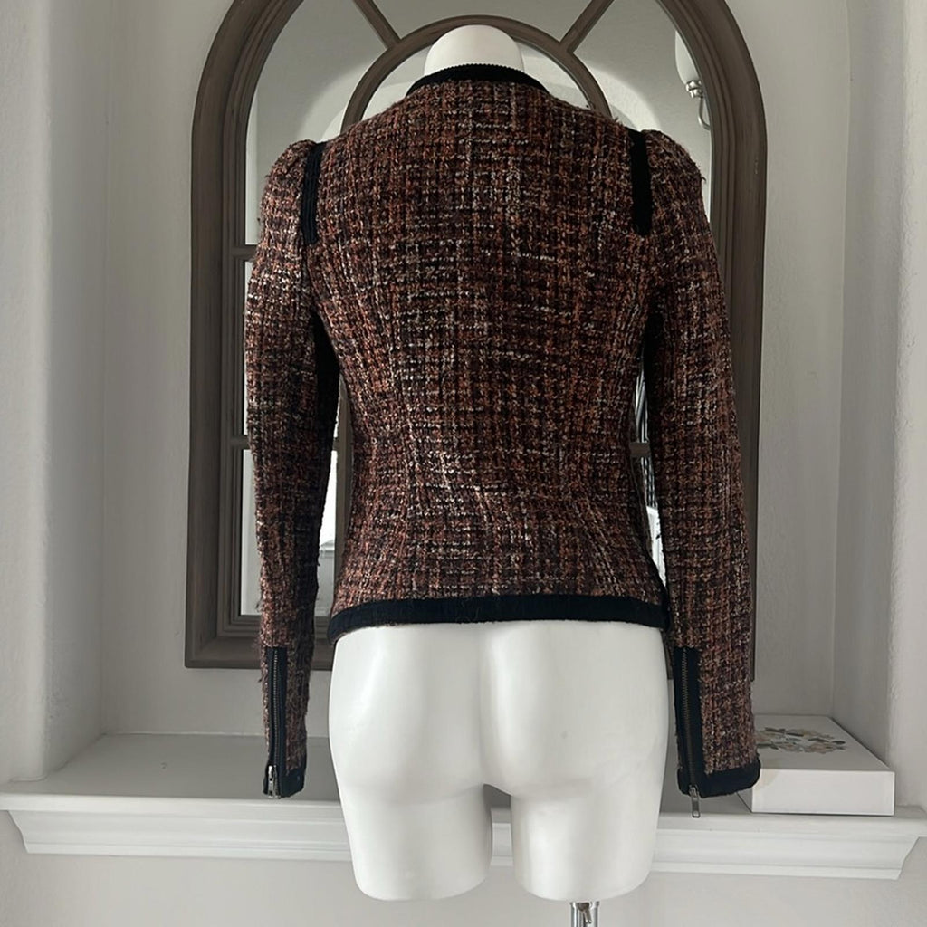 Free People Tweed Moto Jacket, Wool Brown/Purple w/Black Trim Size 4 Retail $198