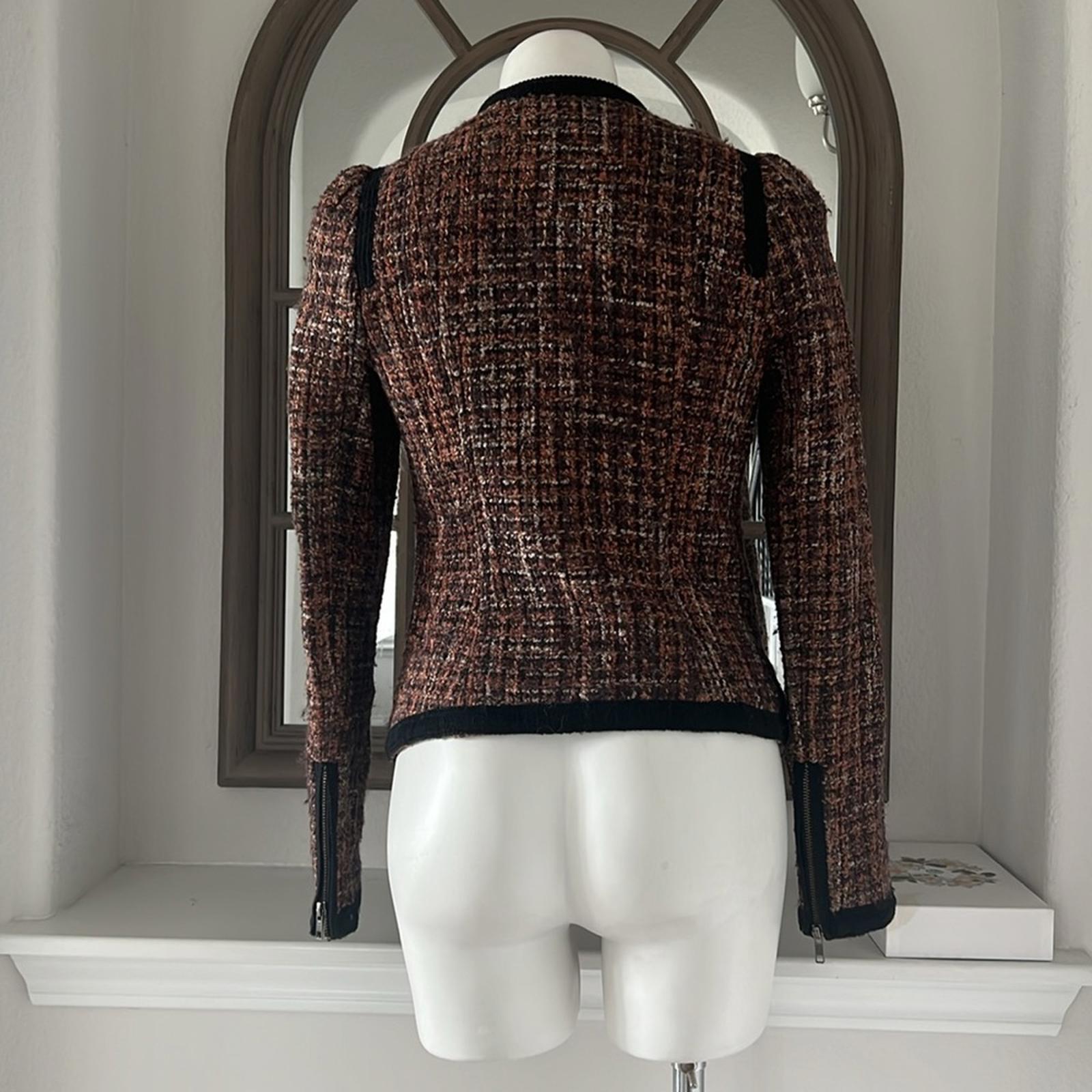 Free People Tweed Moto Jacket, Wool Brown/Purple w/Black Trim Size 4 Retail $198