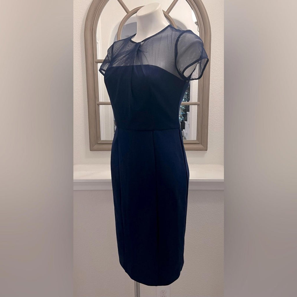 JS Collection Short Sleeve Illusion Cocktail Sheath Dress Navy Size 2 NWT $178