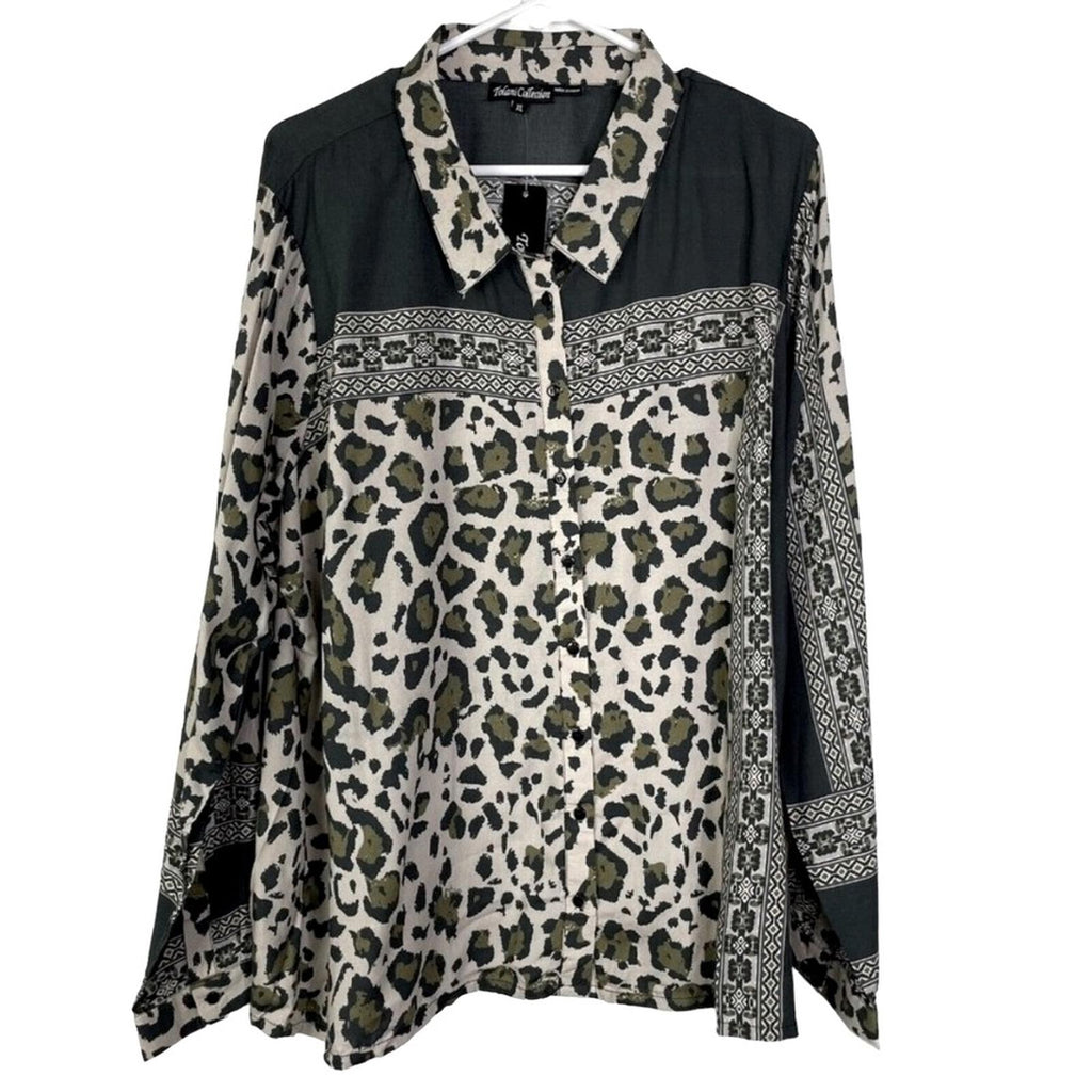 Tolani Collection Button Front Shirt in Grey Leopard Print, Size XL New w/Tag