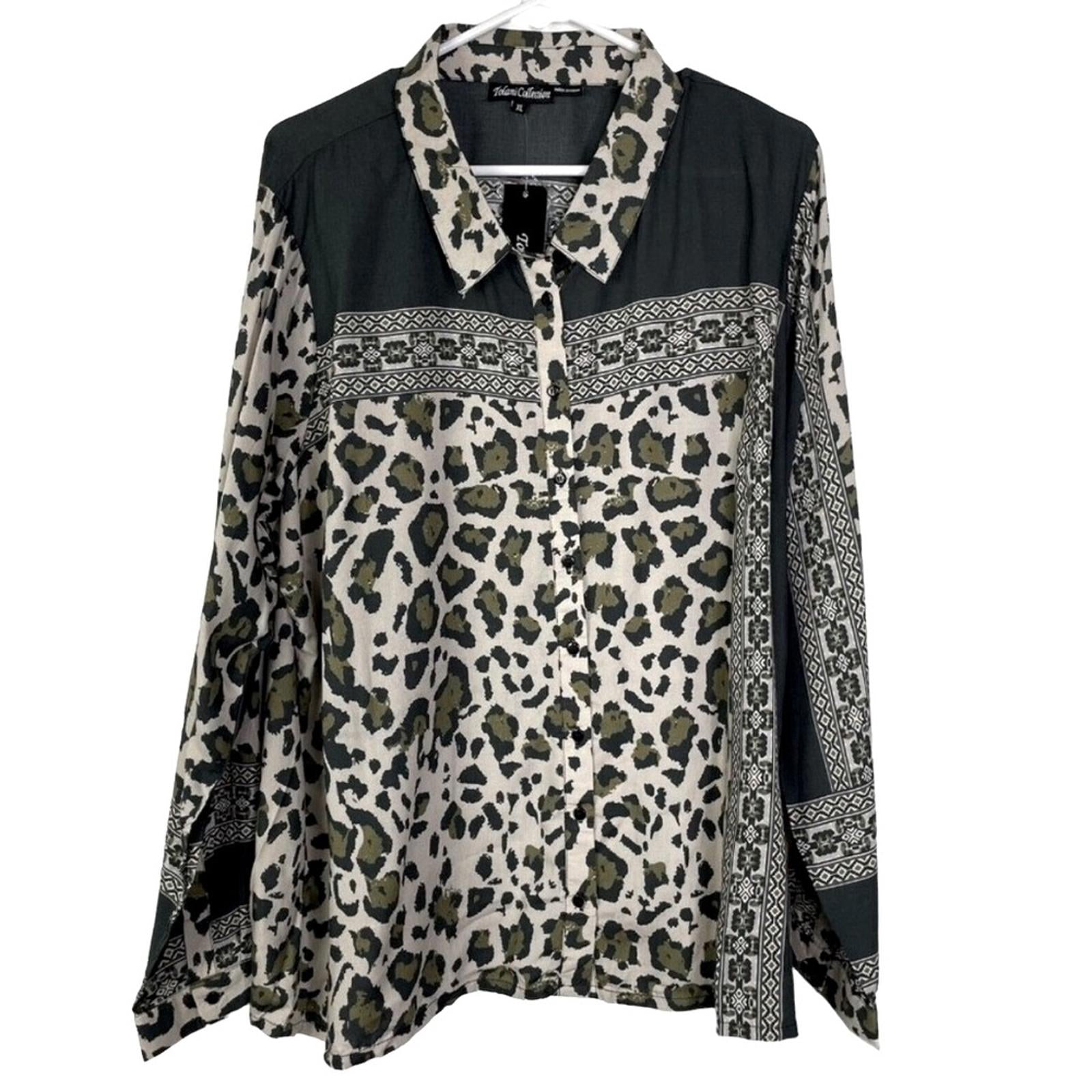 Tolani Collection Button Front Shirt in Grey Leopard Print, Size XL New w/Tag