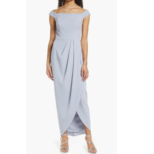 Xscape Off-the-Shoulder Wrap Front Scuba Crepe Gown, Ivory Size 4 NEW w/Tag $178