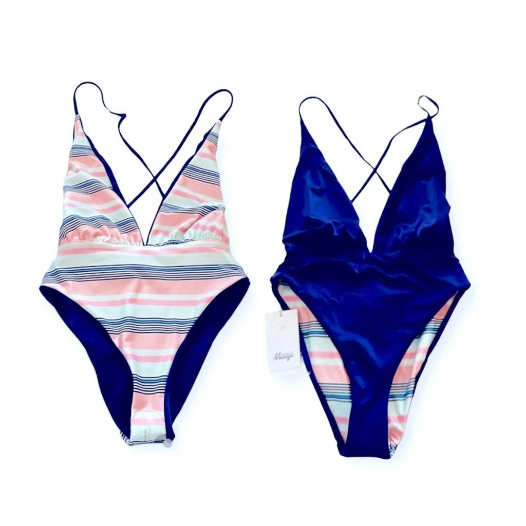 Maaji Safari Reversible Plunge One-Piece Swimsuit Stripe/Solid, Blue New w/Tag