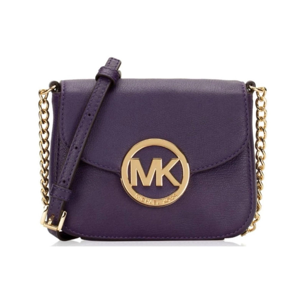 Michael Kors Fulton Leather Flap Crossbody Bag, Purple & Gold Tone Retail $208