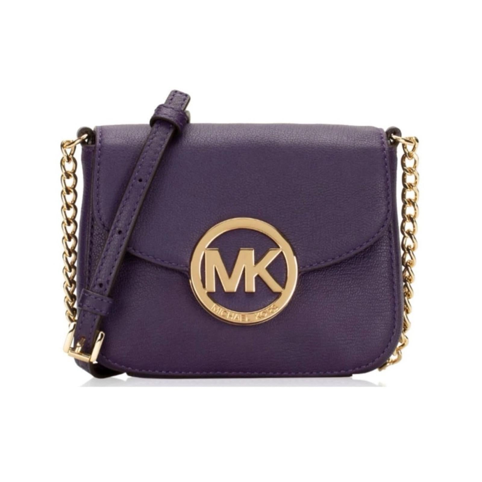 Michael Kors Fulton Leather Flap Crossbody Bag, Purple & Gold Tone Retail $208