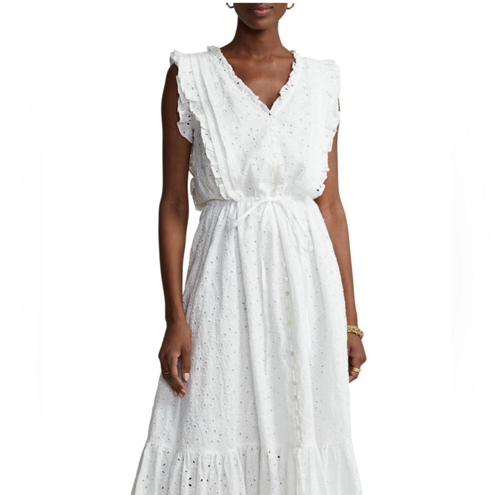 Polo Ralph Lauren Linen Ruffled Eyelet Midi Dress, White Size 4 New w/Tag $398