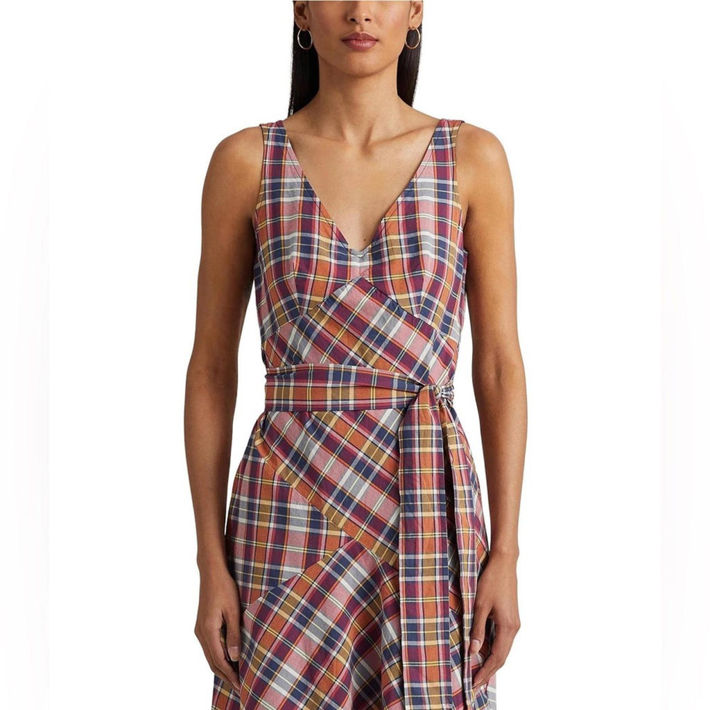 Lauren Ralph Lauren Madras Plaid Belted Midi Dress, Size 18, New w/Tag