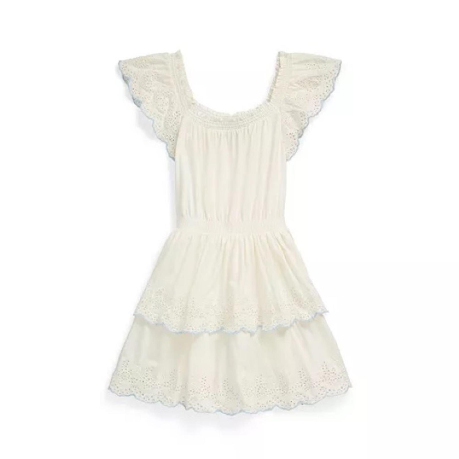 Polo Ralph Lauren Eyelet Tiered Jersey Fit & Flare Dress White Size 16 New w/Tag