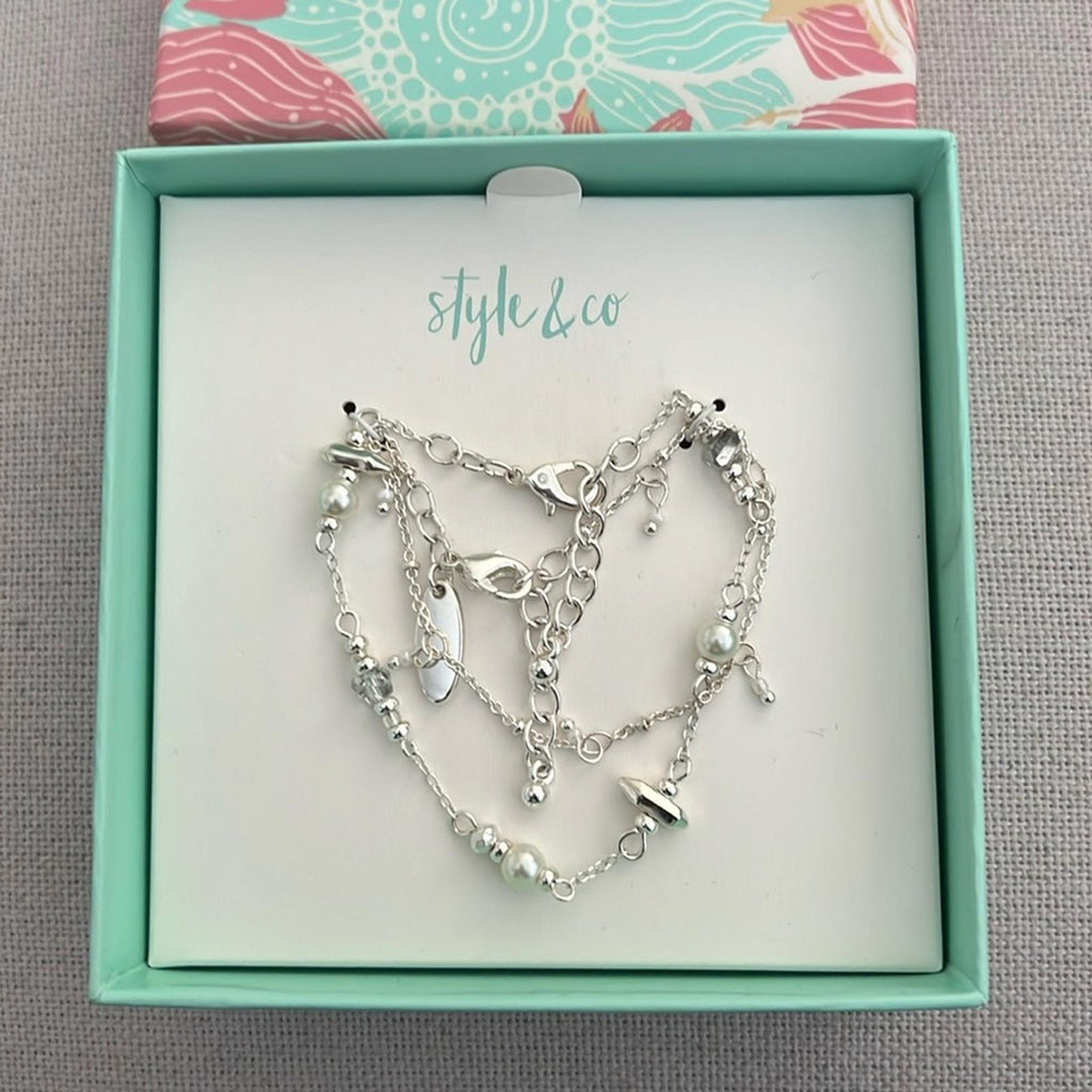 Style & Co 2-Piece Set Mixed Bead Link Bracelets, Silver New in Box $24.50