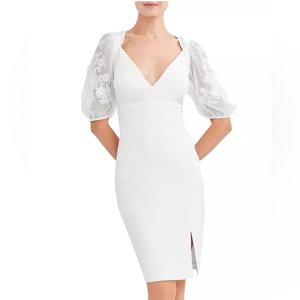 Bcbgmaxazria Embroidered Sleeve Evening Dress in Off-White, Size 12 NWT $298