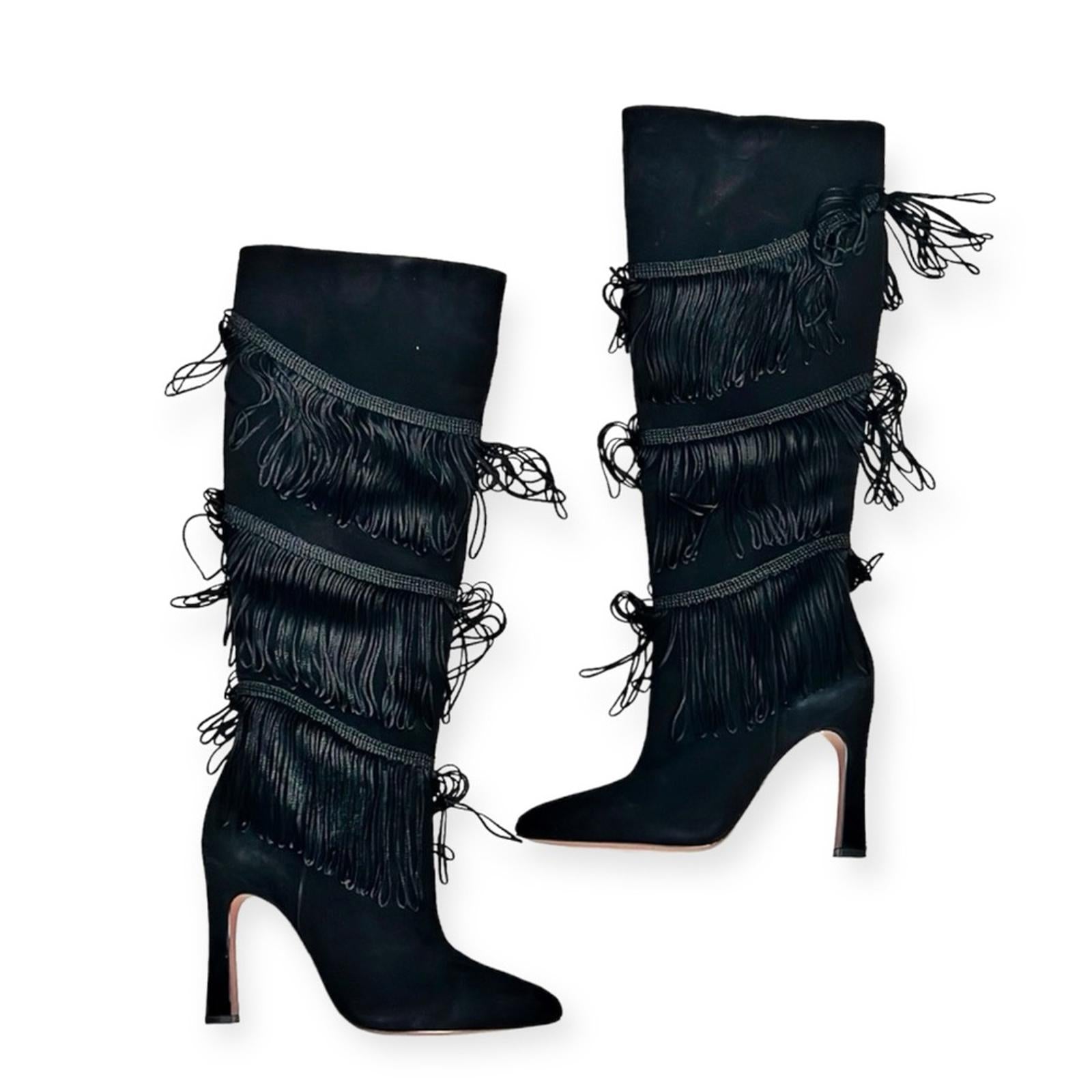 BCBGMaxazria Suede Fringe Heeled Boots, Black Size 7.5 New w/o Box Retail $499
