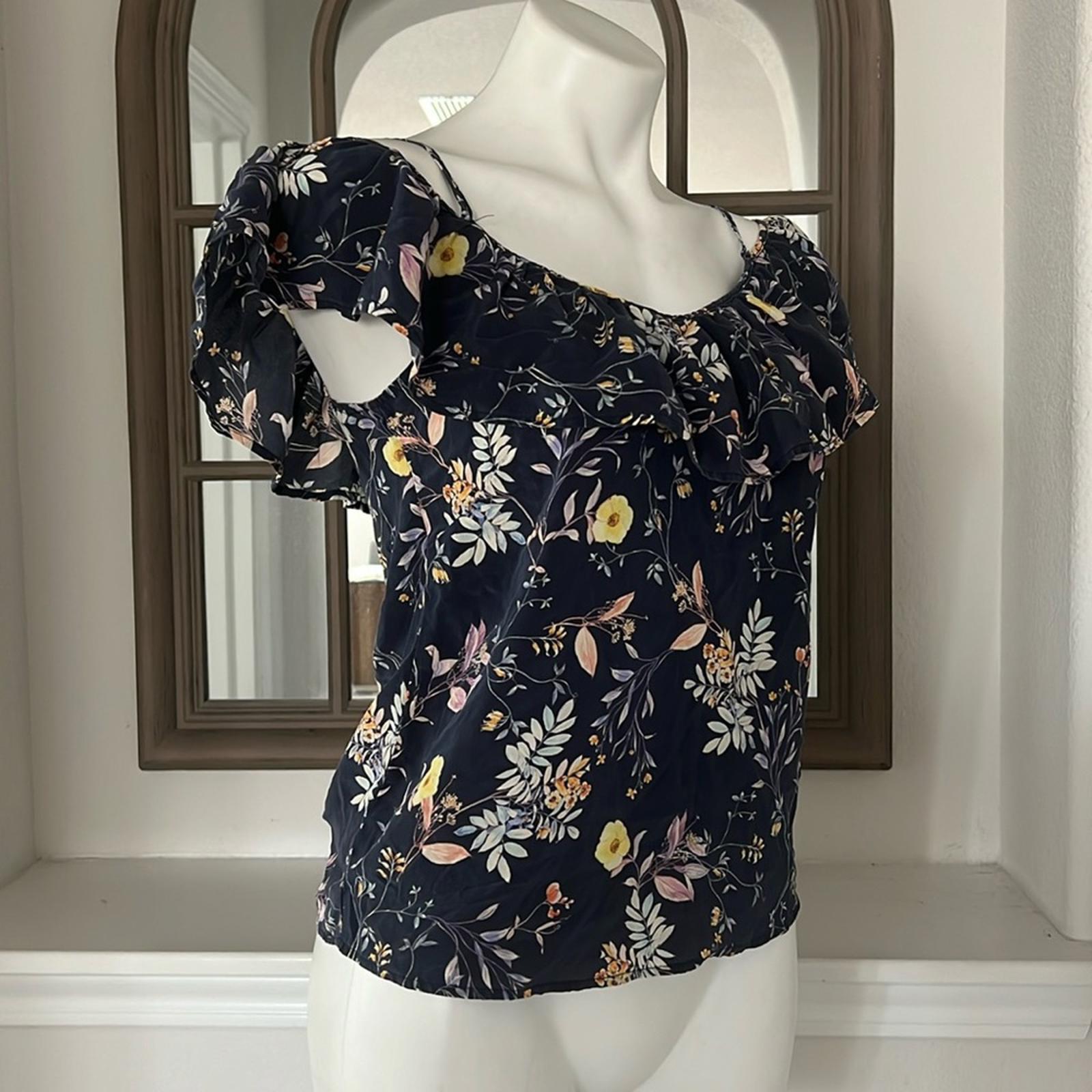 AMOUR VERT 100% Silk Floral Cold Shoulder Blouse, Blue Multi Size XS