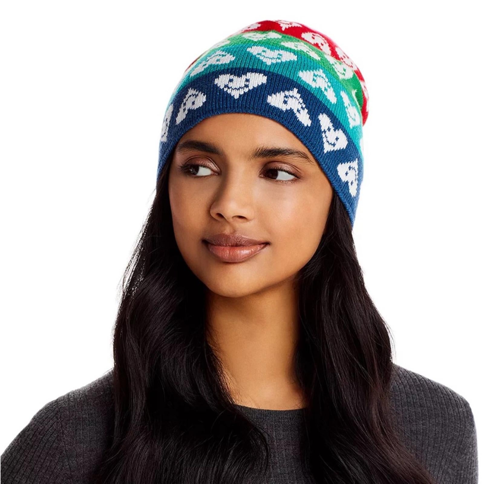 AQUA x Kerri Rosenthal Heart Beanie, One Size Pink Multi, New w/Tag