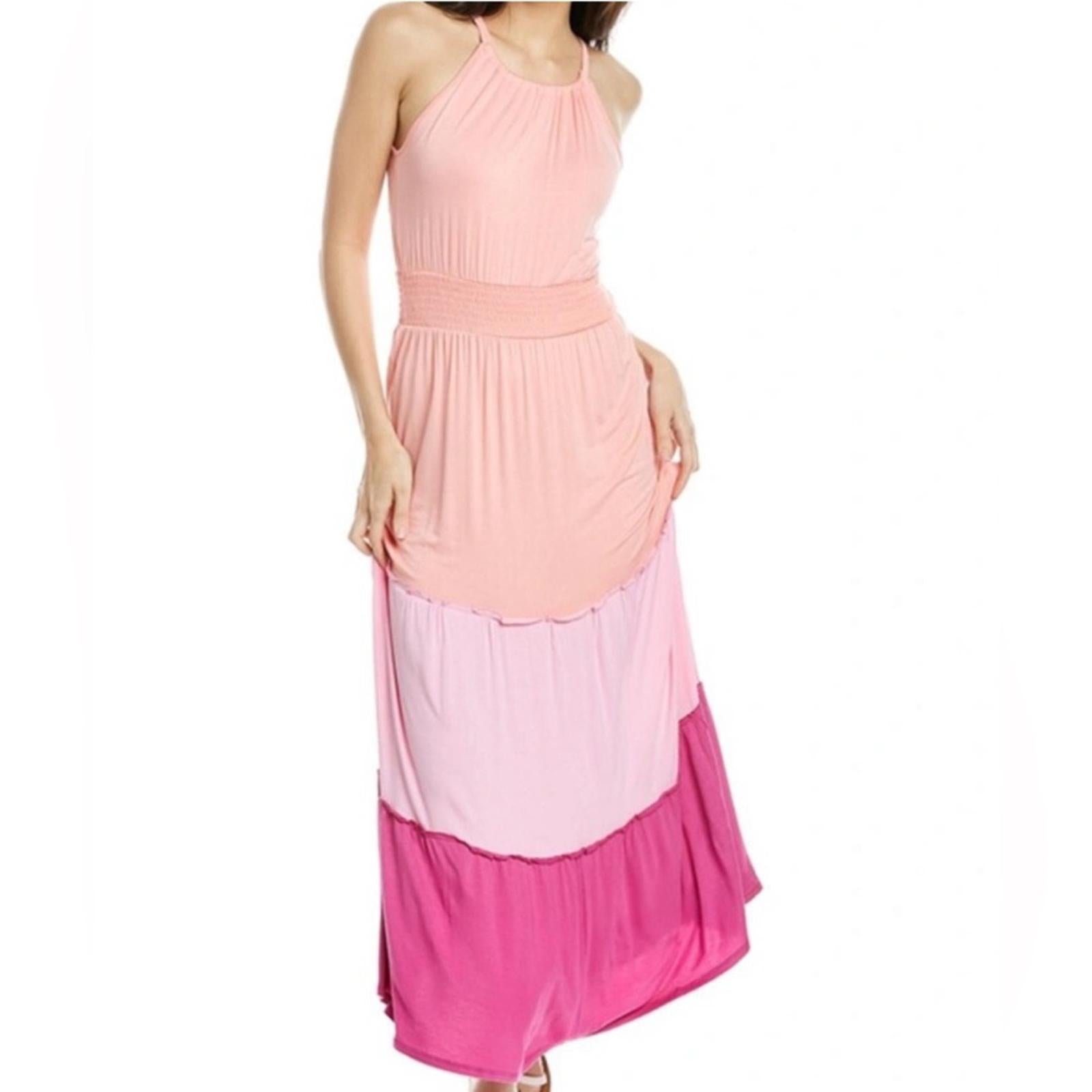 Adyson Parker Color Block Sleeveless Tiered Maxi Dress, Neon Peach Combo NWT