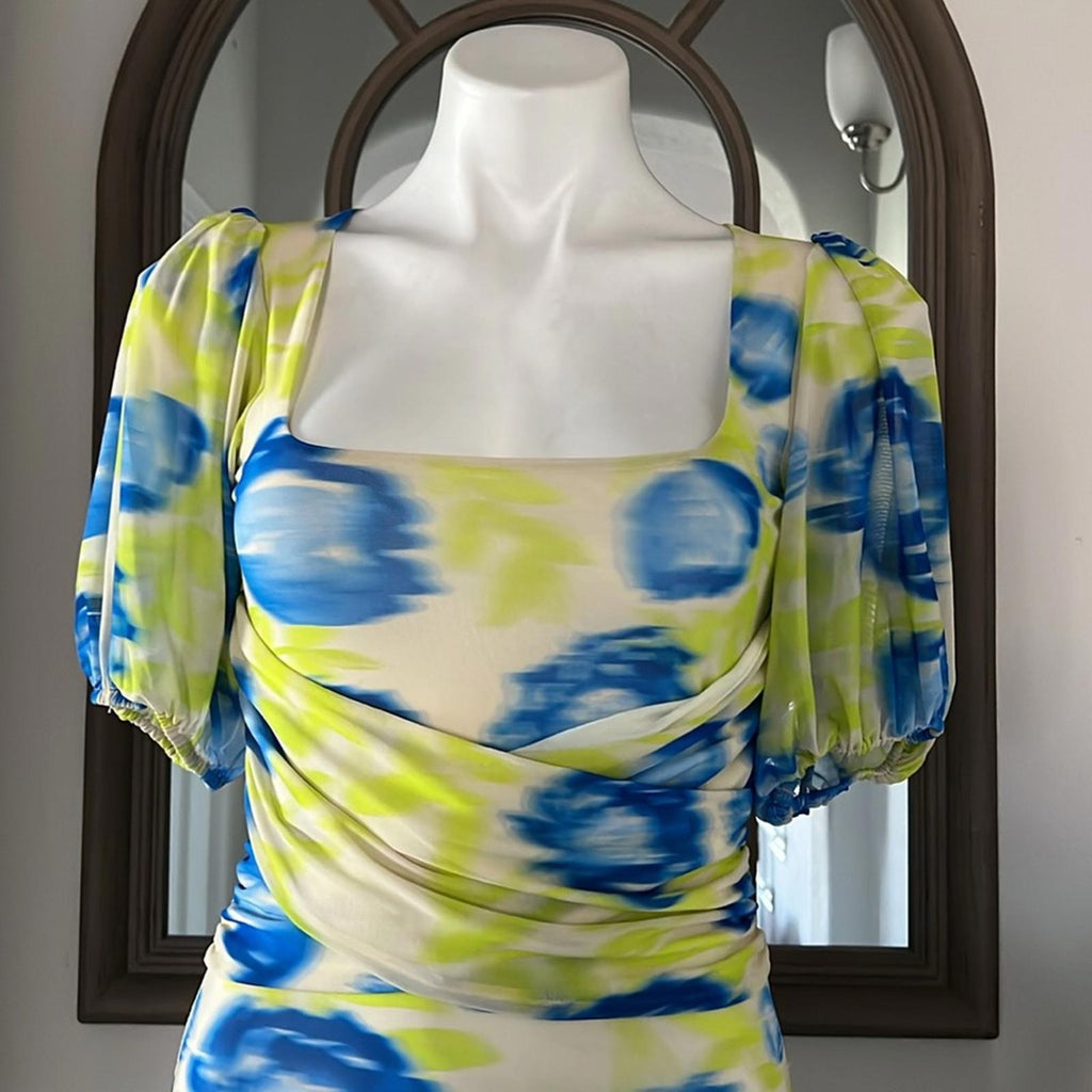 GANNI Crisscross Abstract-Printed Mesh Puff-Sleeve Midi Dress New w/Tag $445