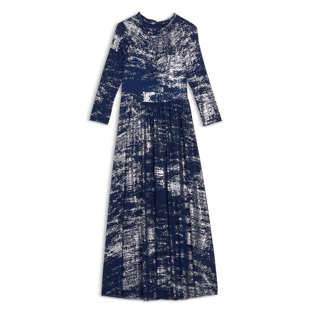 TED BAKER Iggiey Metallic Burnout Midi Dress, 3/4 Sleeves Navy Size 4 US 10 NWT
