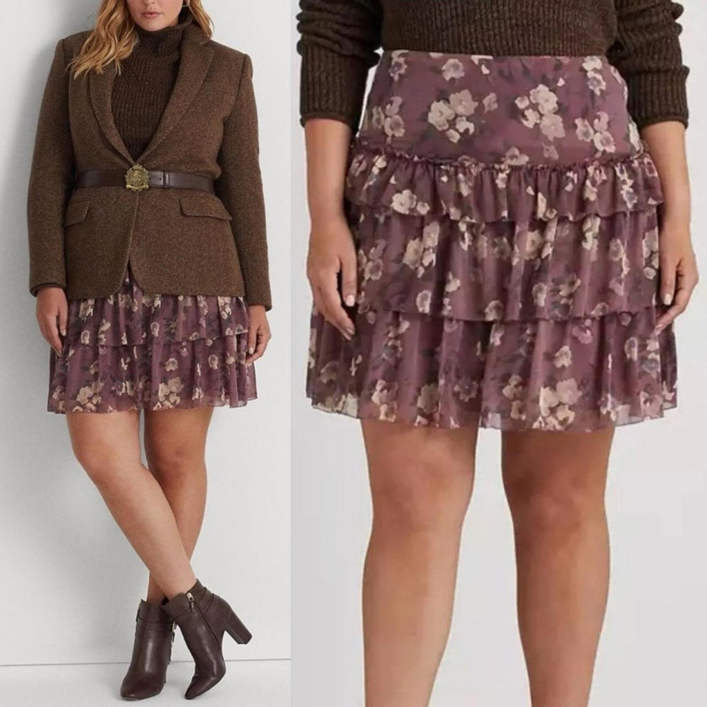 Lauren Ralph Lauren Floral Crinkle Georgette Mini Skirt in Purple Size 14 NWT