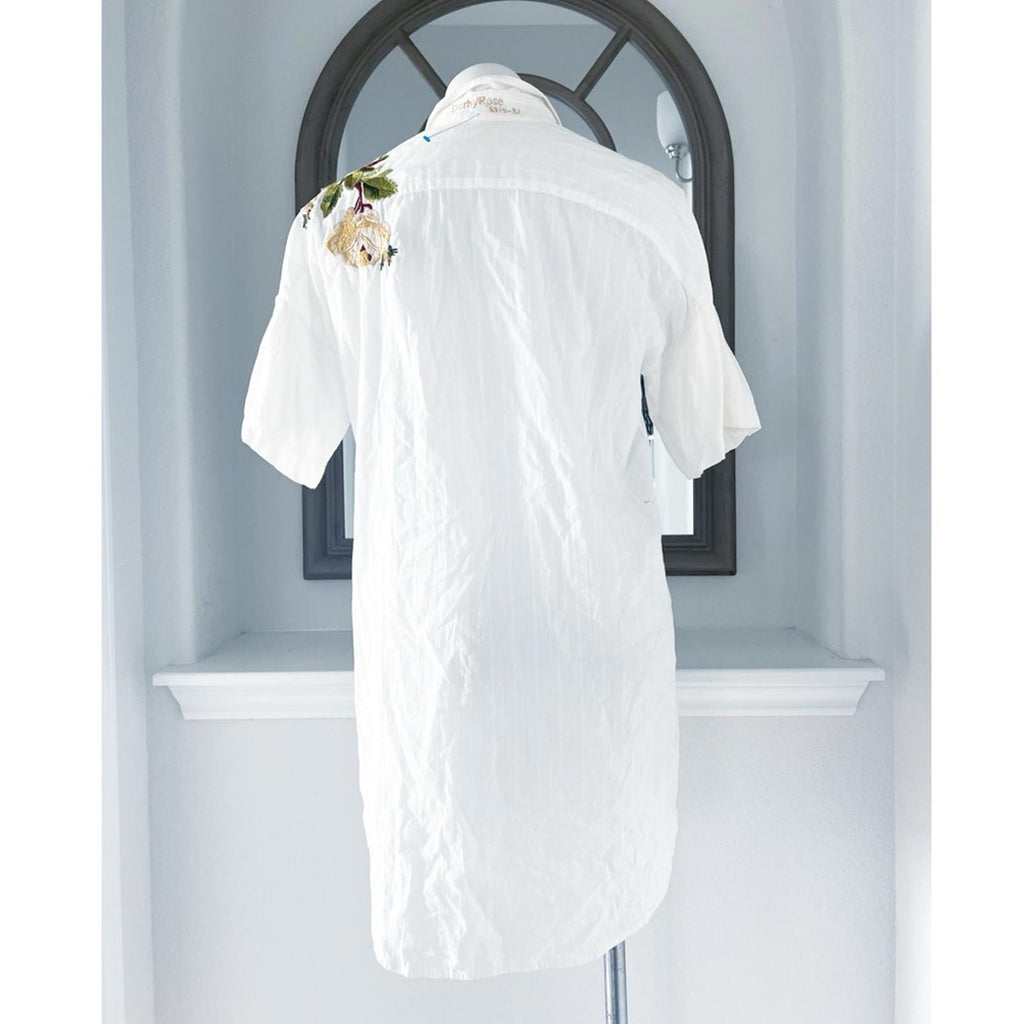 3J by Johnny Was Button Front Shirtdress with Floral Embroidery, White Size L