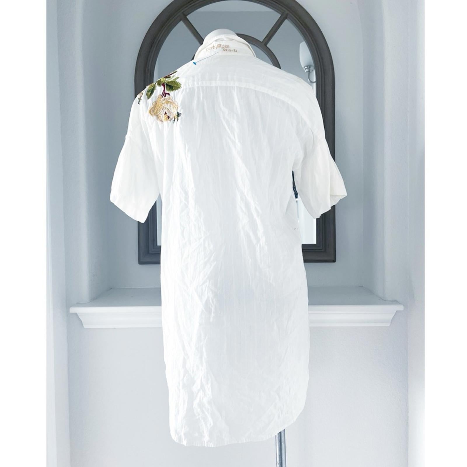 3J by Johnny Was Button Front Shirtdress with Floral Embroidery, White Size L