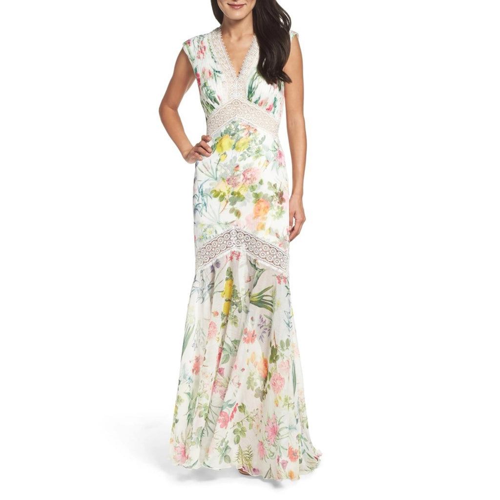 Tadashi Shoji Floral Pleat Chiffon Trumpet Gown White Floral, Size 10 NWT $588