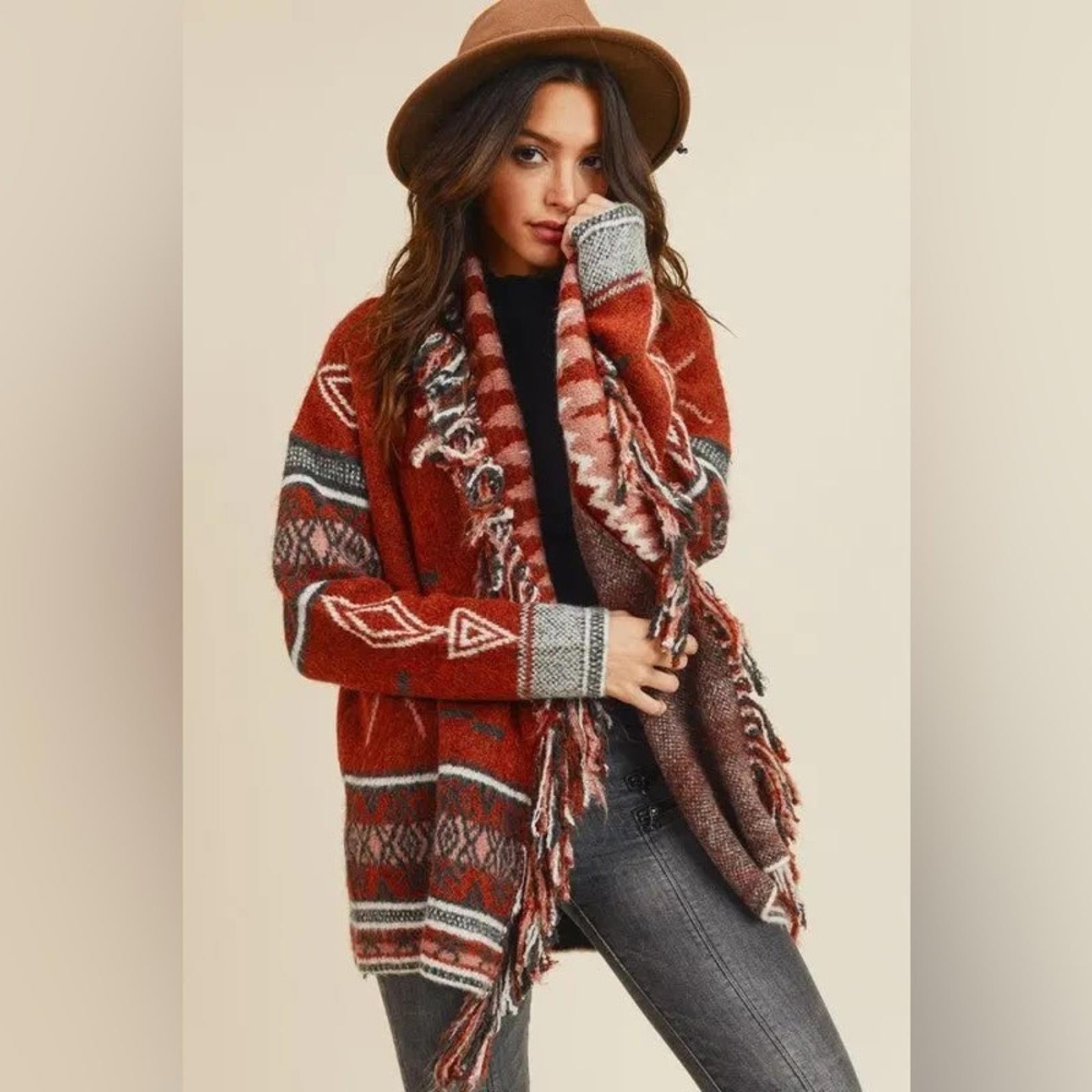 Doe & Rae Aztec Open Front Fringe Cardigan Sweater Brown Multi Size L EXCELLENT!