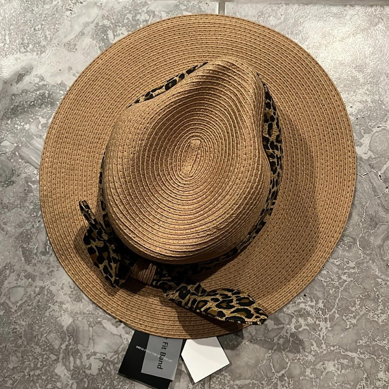 Nine West Wide Leopard Print Tie-Trim Packable Panama Hat, New w/Tag Retail $38