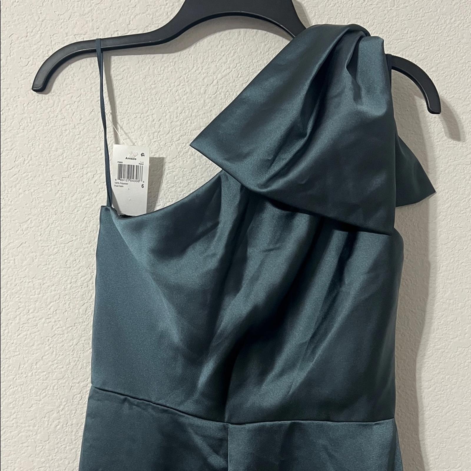 Amsale One-Shoulder Fluid Satin A-Line Gown in Petrol Green, Size 6, NEW