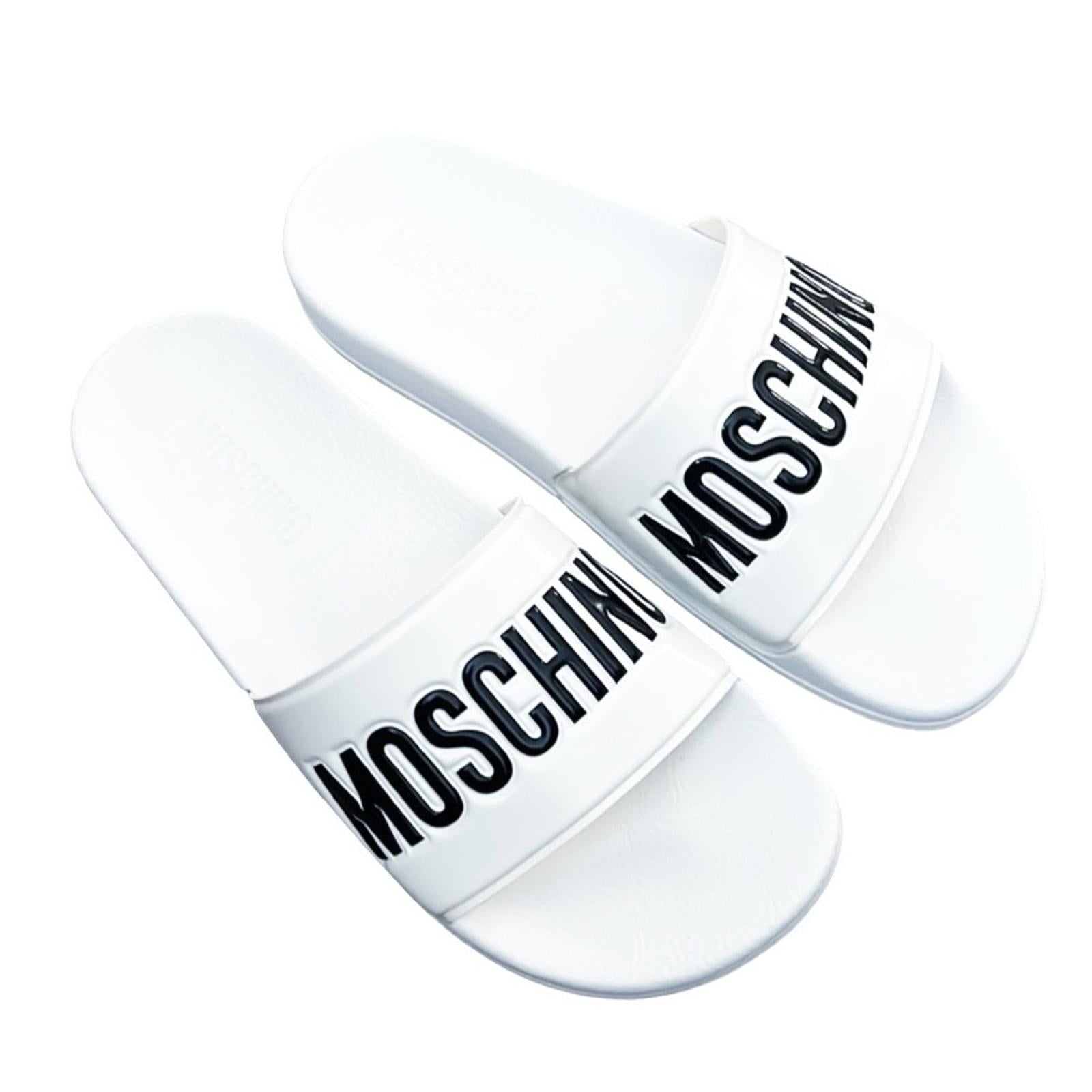 MOSCHINO Logo Slide Sandals in White, Size 38 New in Box