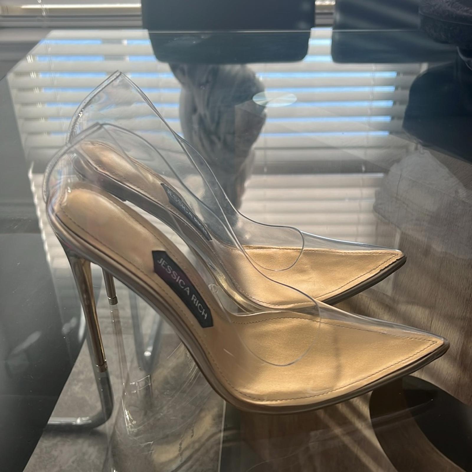 Jessica Rich Fancy Stiletto Clear Vinyl Pumps, Gold Size 39 New in Box + DustBag