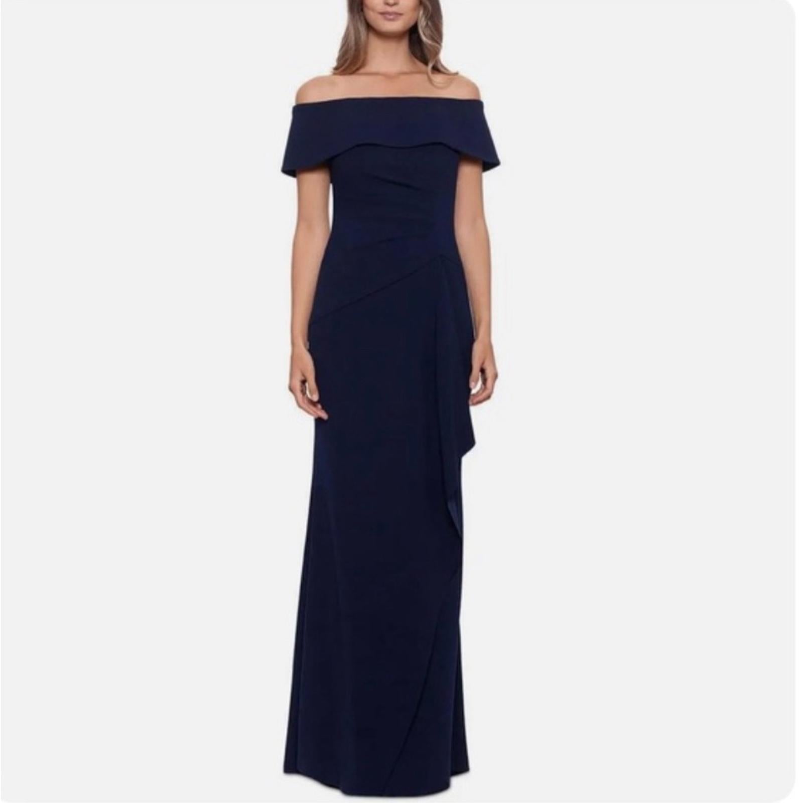NEW Xscape Off-The-Shoulder Maxi Formal Evening Gown in Navy, Petite Size 12 NWT