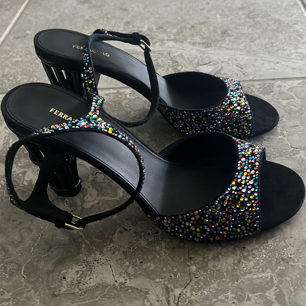 Ferragamo Nikla 85 Embellished High Heel Sandals in Black, NEW, Size 6 $1,350