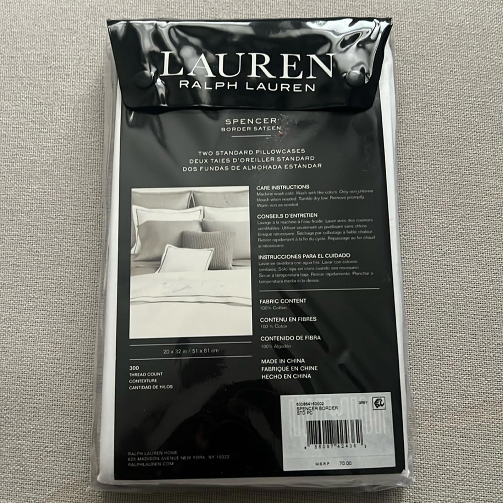 Lauren Ralph Spencer 300 Thread Count Sateen Border Pillowcase Pair NEW w/Tag