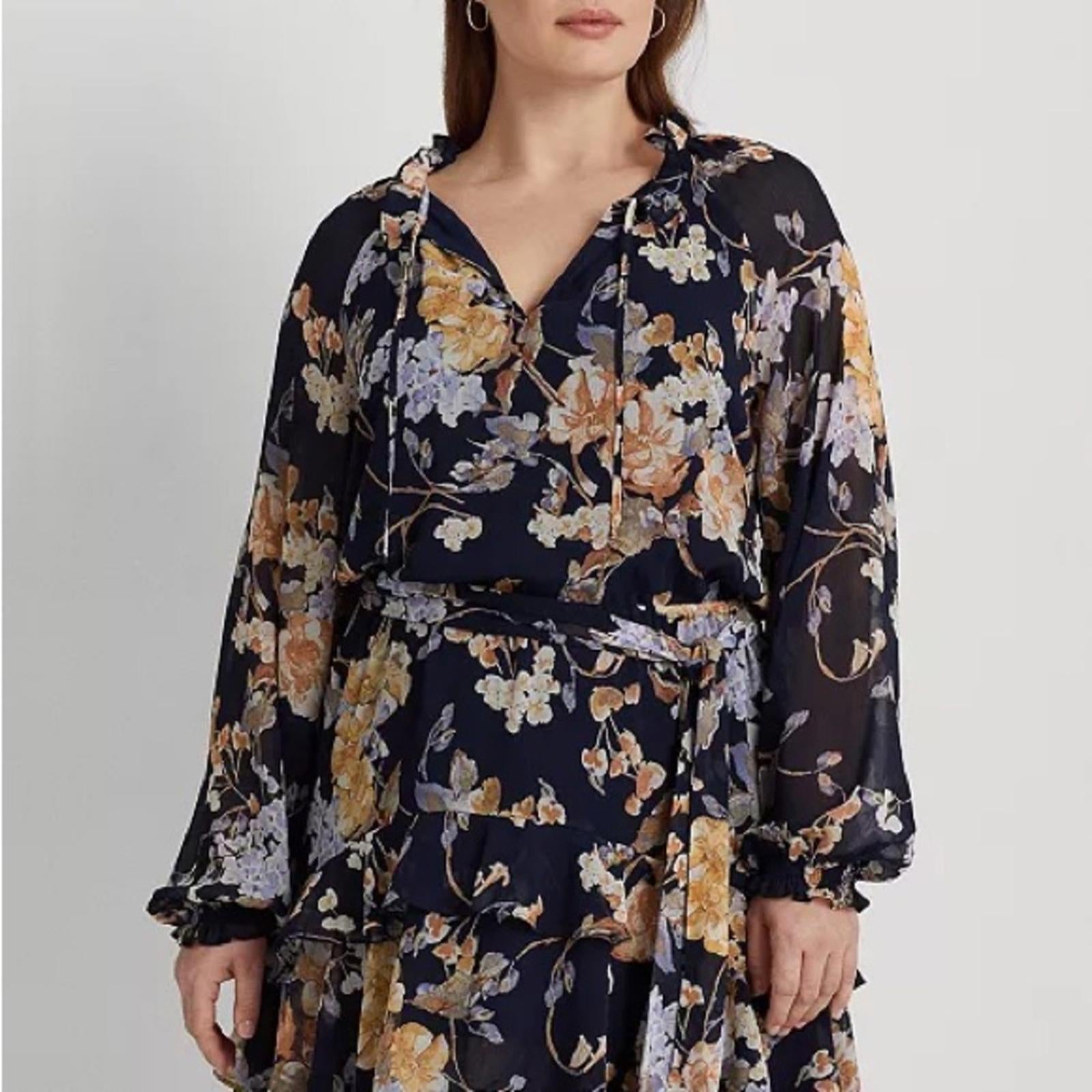 Lauren Ralph Lauren Floral Belted Crinkle Georgette Dress, Plus Size 22W NWT