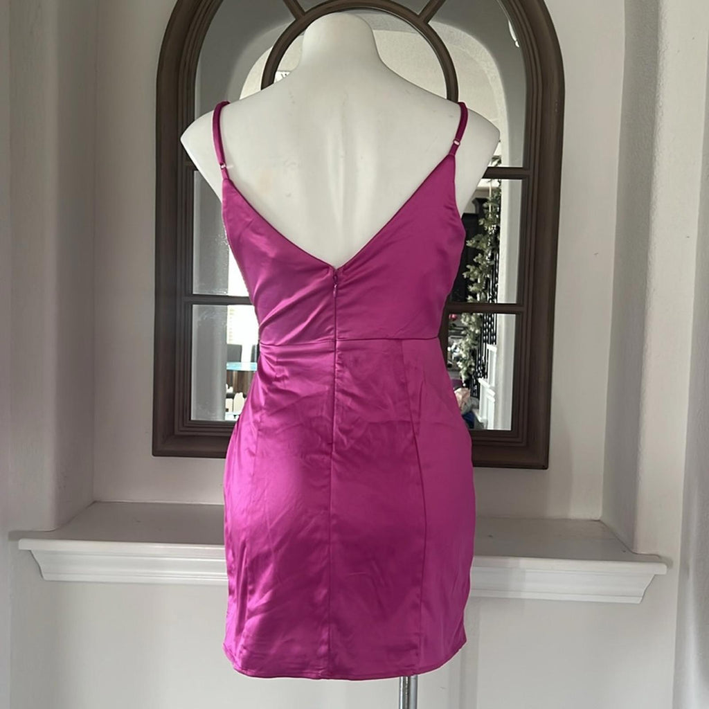 Bloomingdale’s Aqua Drape Front Satin Mini Dress in Fuchsia, Size S New w/Tag
