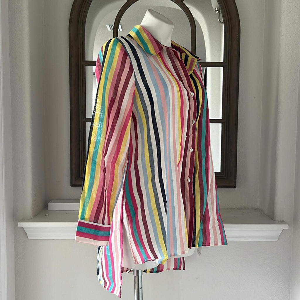 Lena Gabrielle Linen-Blend Summer Stripe Shirt, Size XL New w/Tag $120