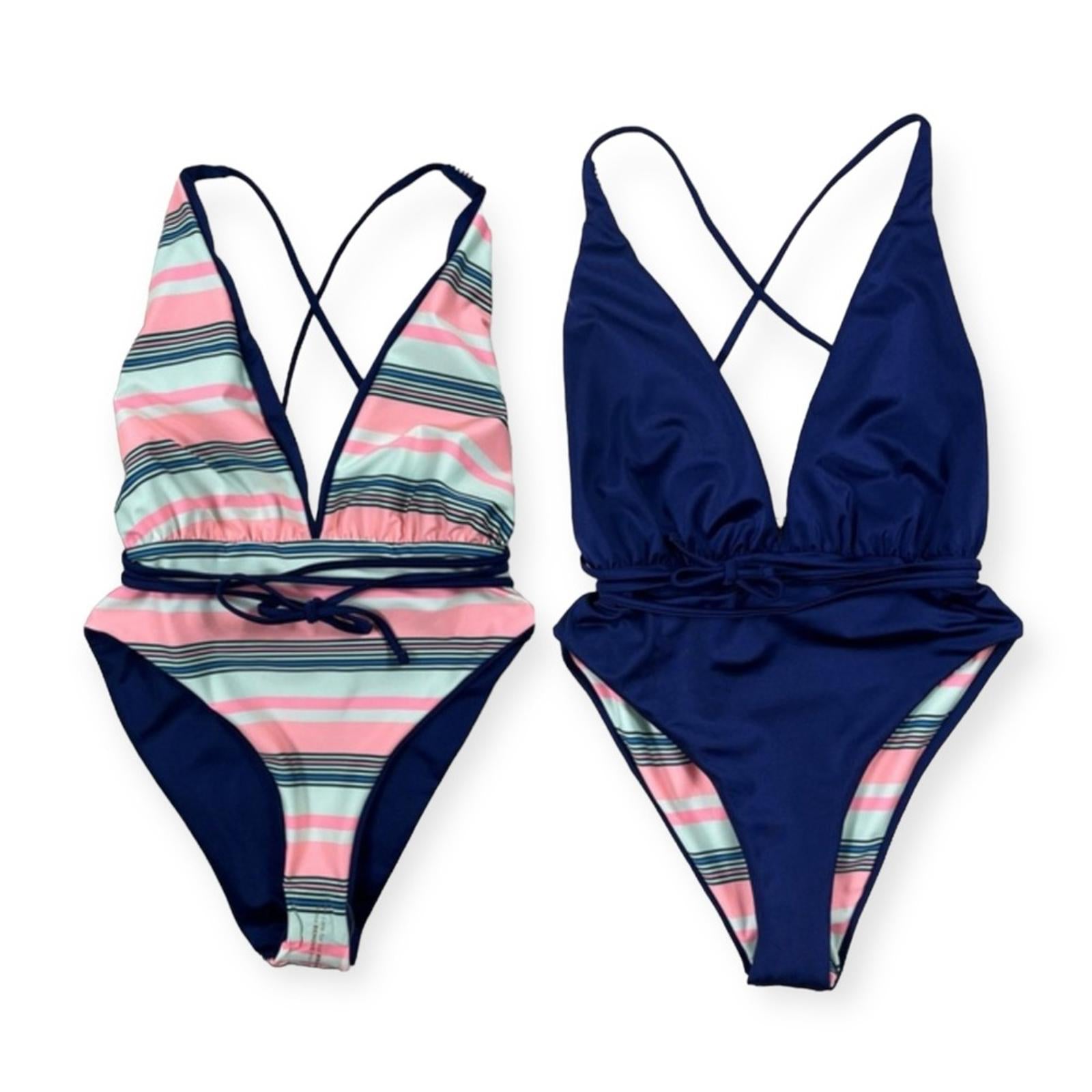 Maaji Safari Reversible Plunge One-Piece Swimsuit Stripe/Solid, Blue New w/Tag