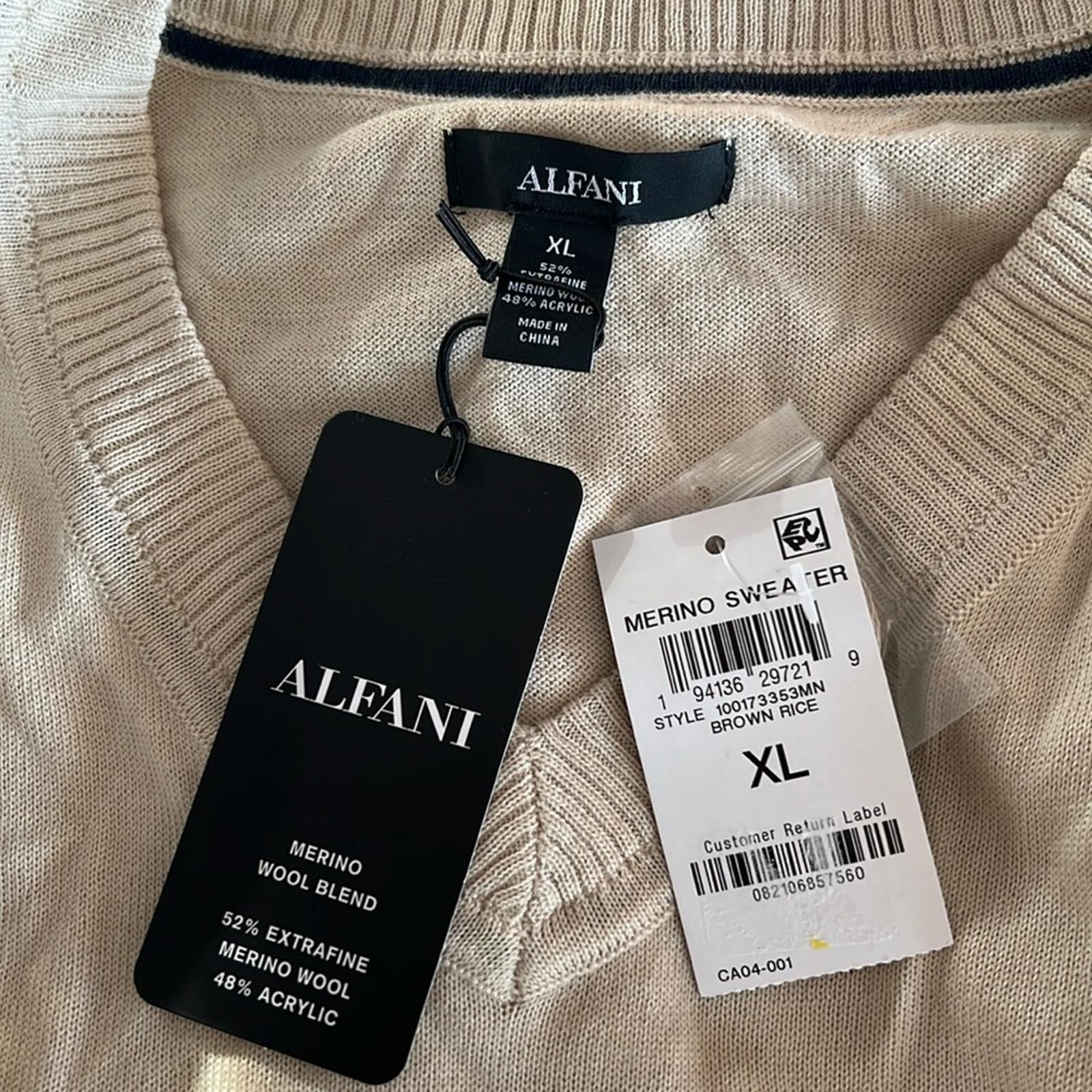 Alfani Long Sleeve V-Neck Merino Sweater in Brown Rice, Size XL New w/Tag