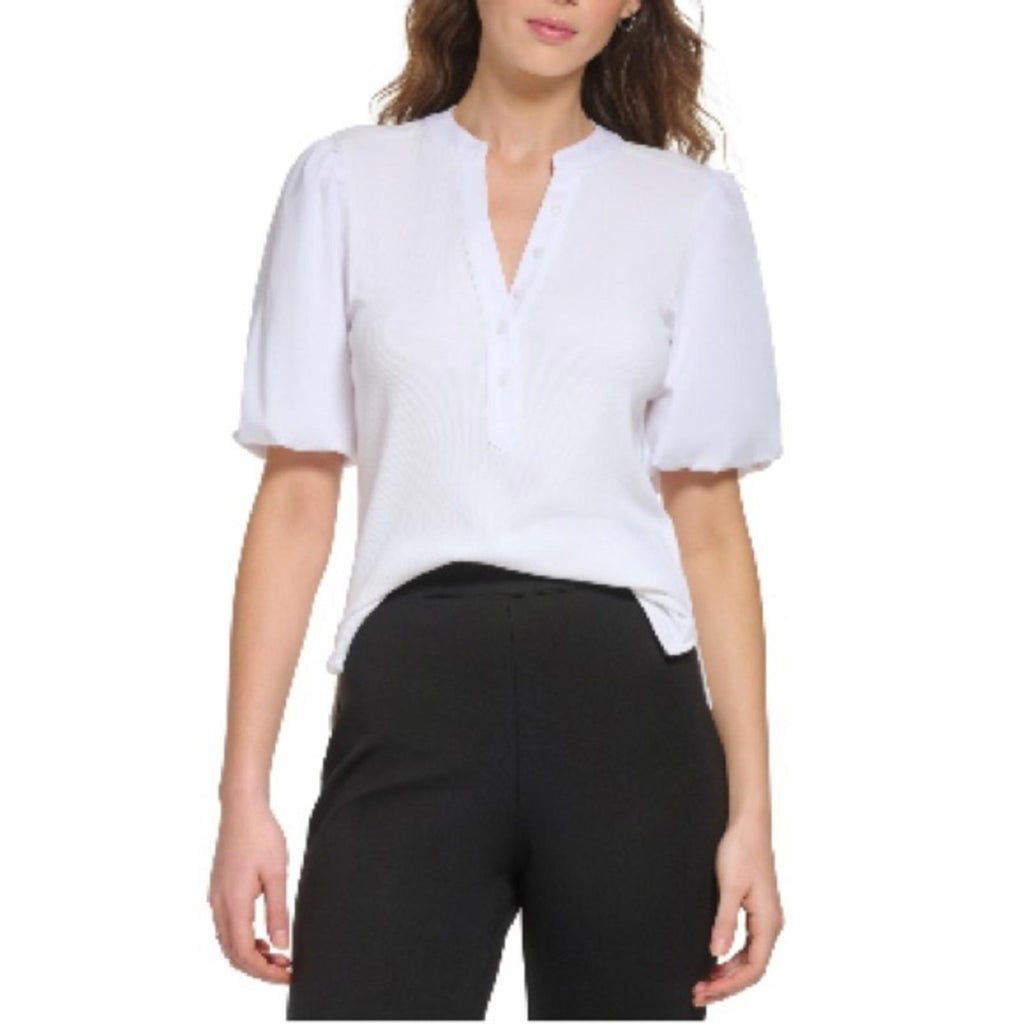 DKNY Puff-Sleeve Ribbed Henley Shirt in White, NWT, Size S