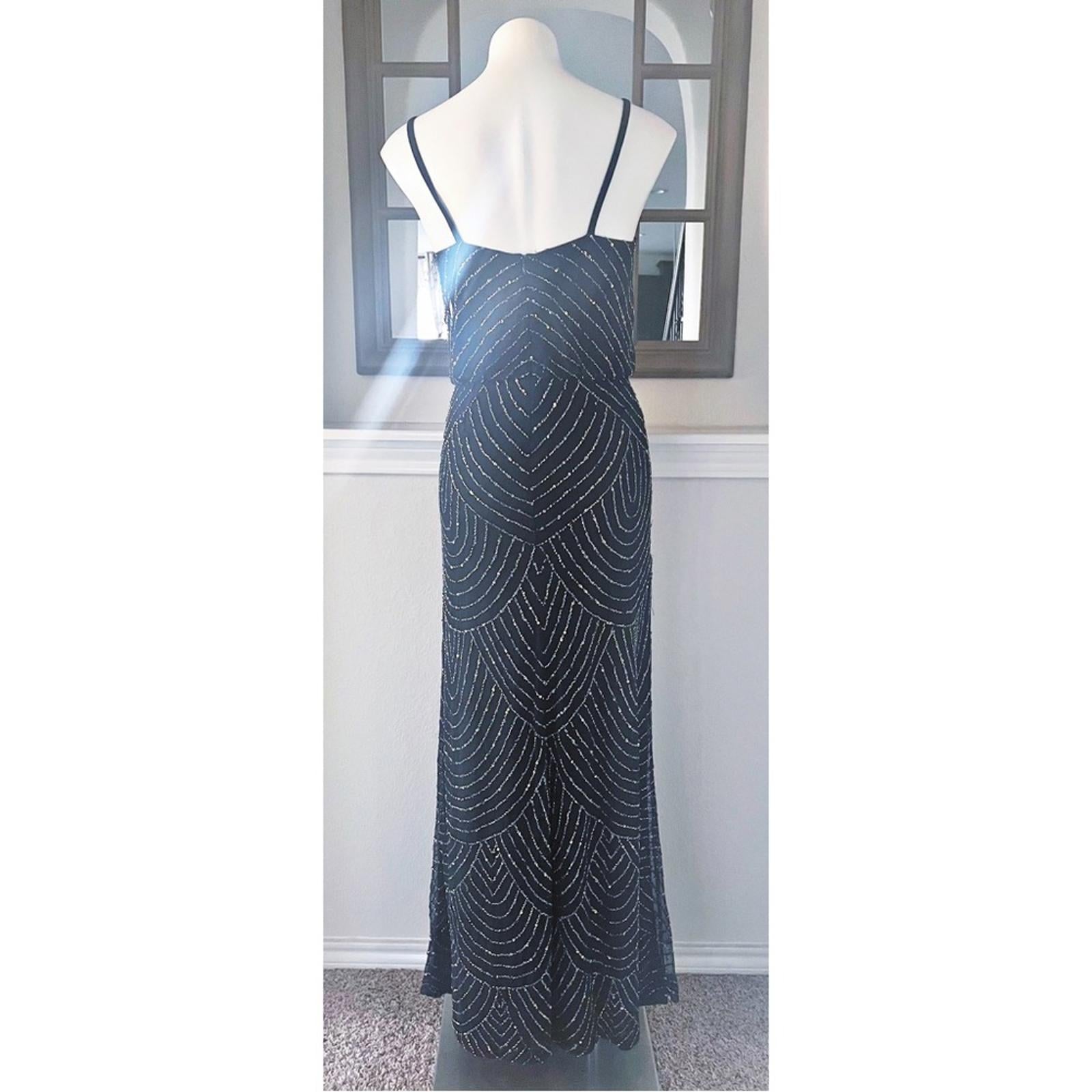 Adrianna Papell Art Deco Beaded Blouson Gown, Navy w/Silver Sequins Size 4