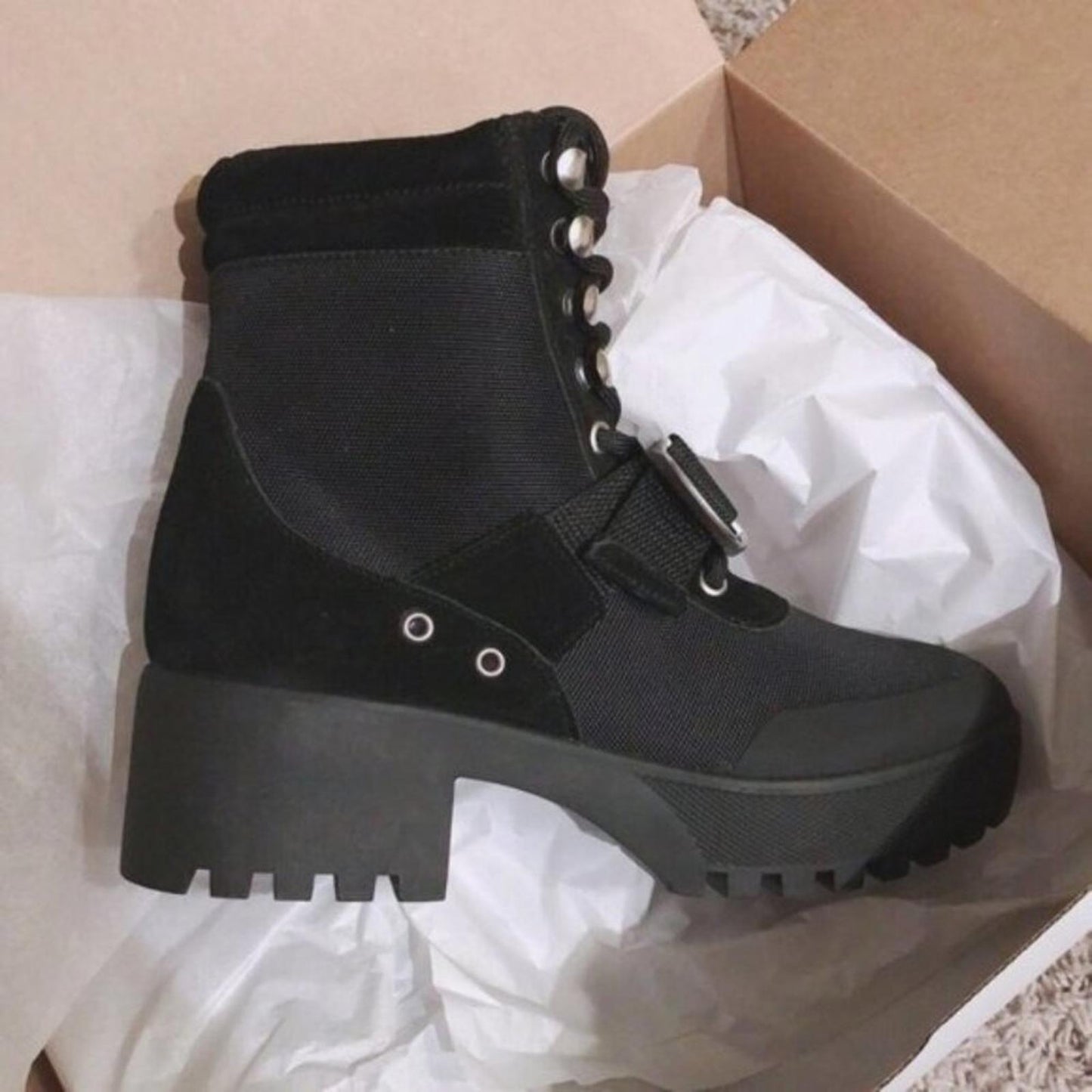 Steve Madden Grady Buckle Hiking Platform Combat Boots, Size 8 New in Box
