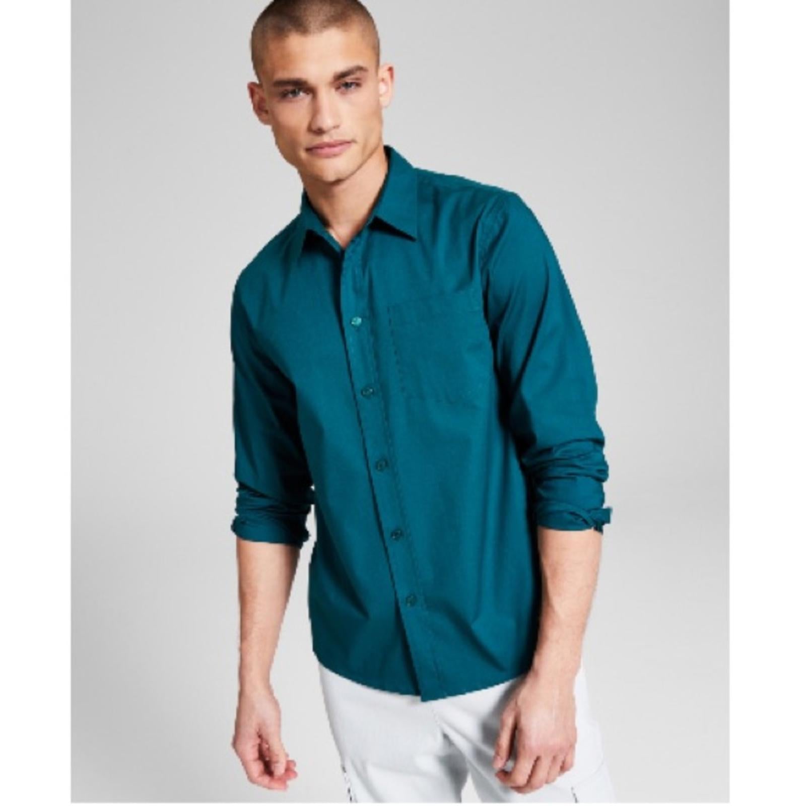 And Now This Poplin Long-Sleeve Wovens Button-Up Shirt, Teal Size L New w/Tag