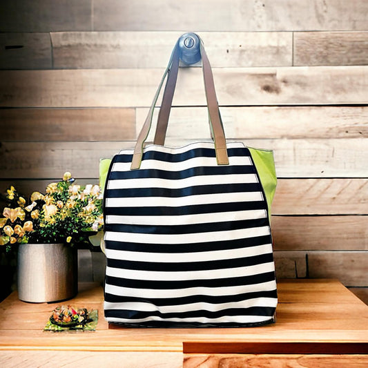 DSW Expandable Striped Tote Bag in Black, White, Néon Green, Tan