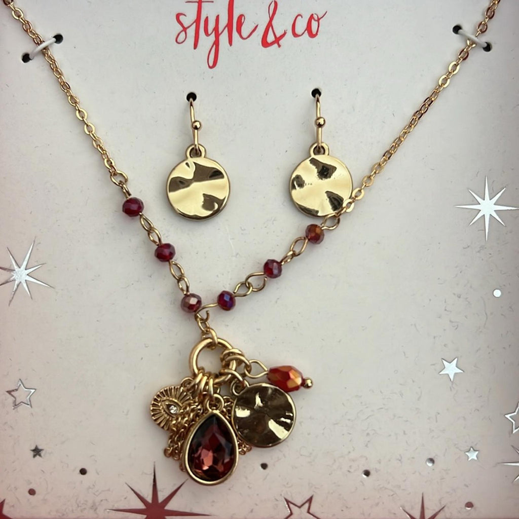 NWT Style & Co Red Charm Earring & Necklace Set, New in Box Retail $24.50
