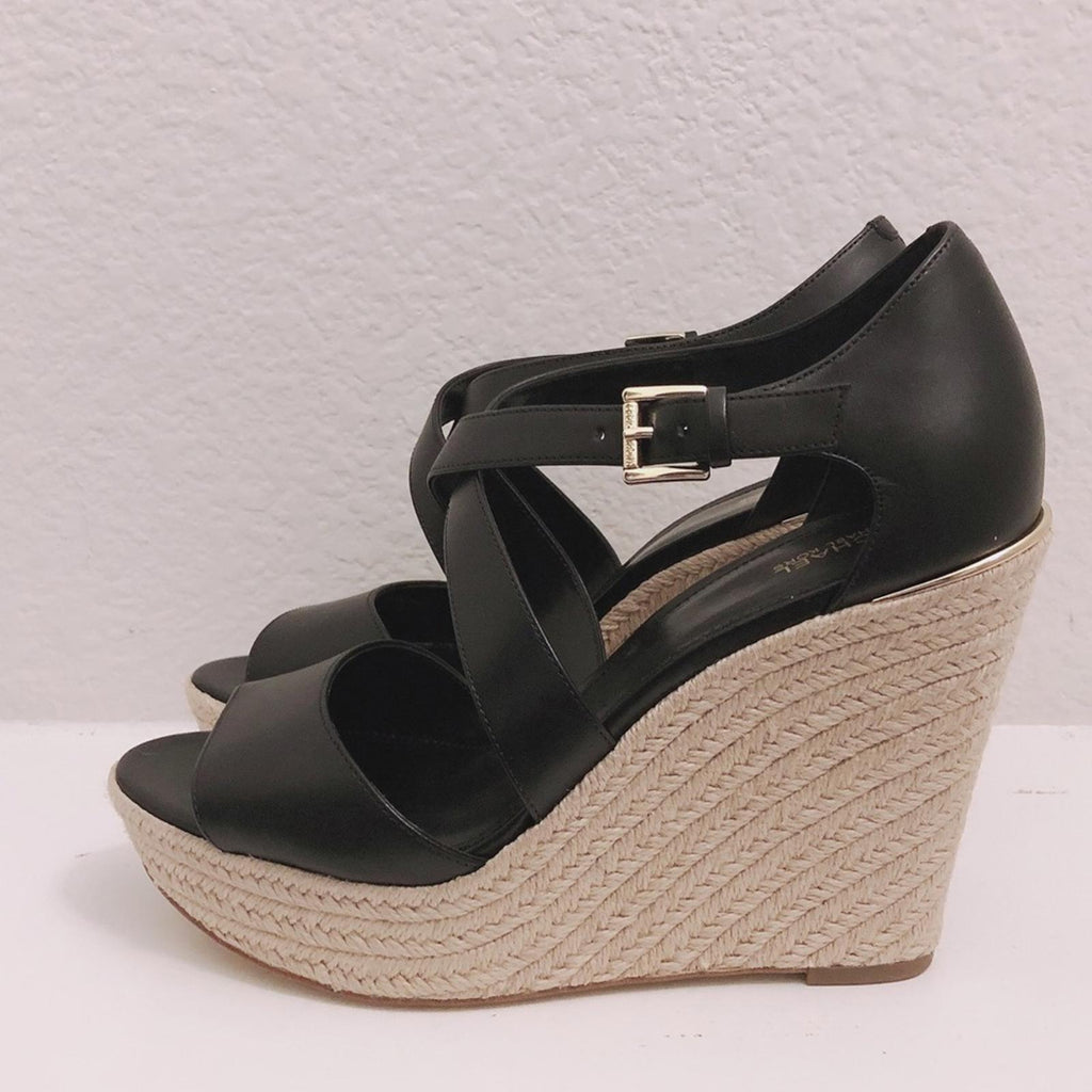 NEW Michael Kors Leather Wedge Sandals Espadrilles Black, Size 9.5 Retail $139