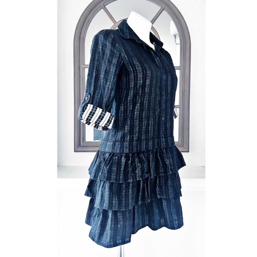 Theory Cacey Black Plaid Tiered Dress in Black & White, Size 6 EXCELLENT $395