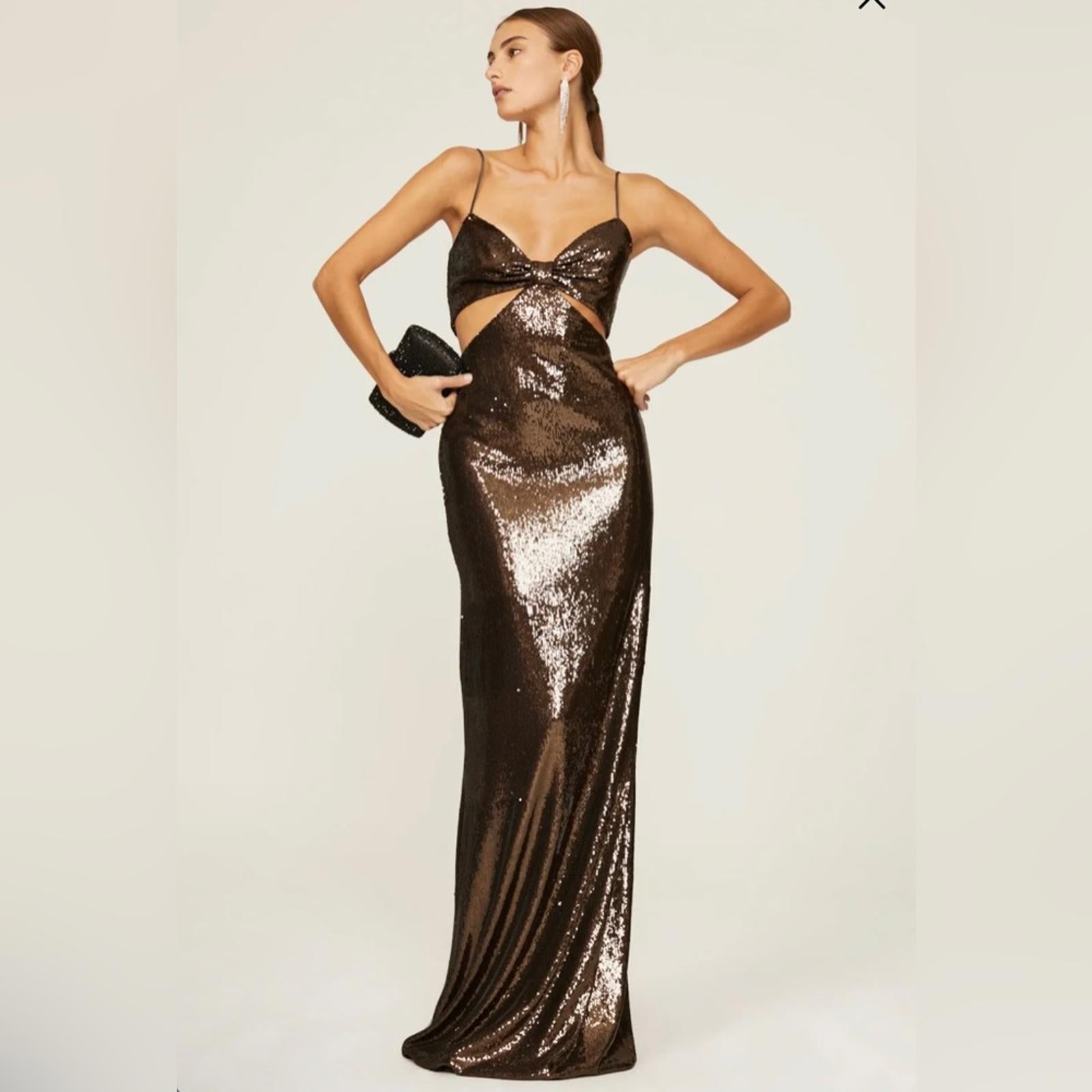 Halston Chloe Cutout Sequined Tulle Gown, Brown Size 4 New w/Tag Retail $595
