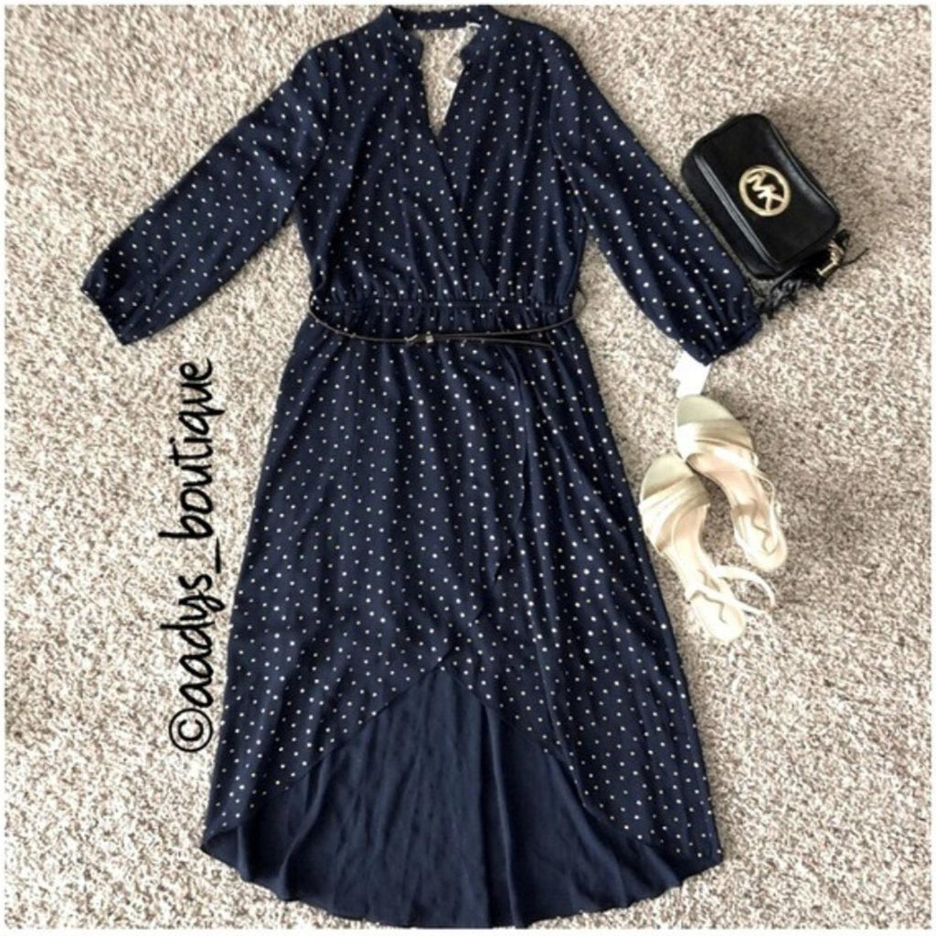 Laundry Faux Wrap Hi-Low Hem Maxi Dress in Navy/Gold Stars, NWT