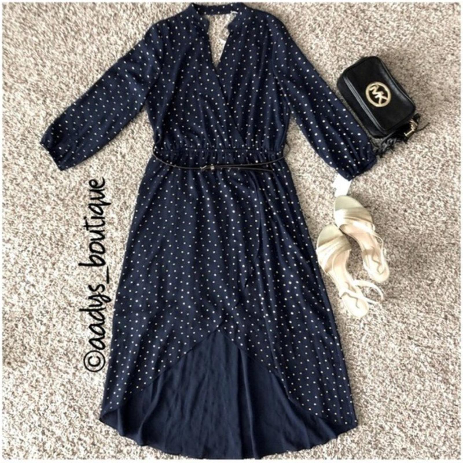 Laundry Faux Wrap Hi-Low Hem Maxi Dress in Navy/Gold Stars, NWT